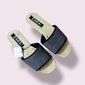 Zara NEW Sparkly Black Sandals Flat Slides Espadrille